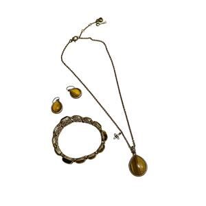 Fossil Pendant Jewelry Set Necklace, Earrings, Bracelet Amber Yellow Bronze